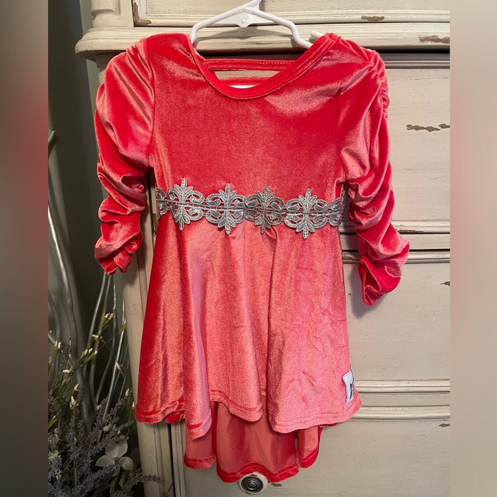 Pipsqueaks Boutique Red/Orange Velvet Dress with Silver Floral Accent